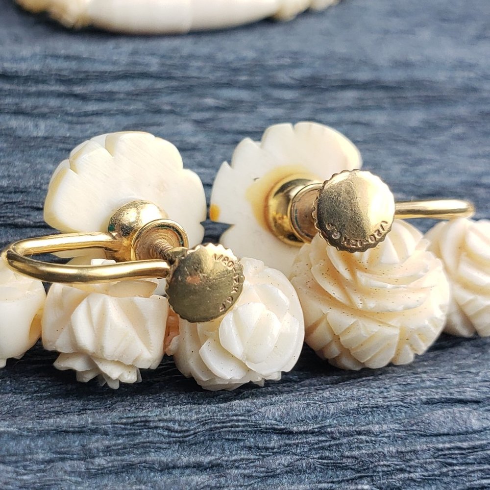 Antique Carved Bone Rosebud Graduated Bead Necklace & Earrings NOT IVORY - Picture 5 of 5